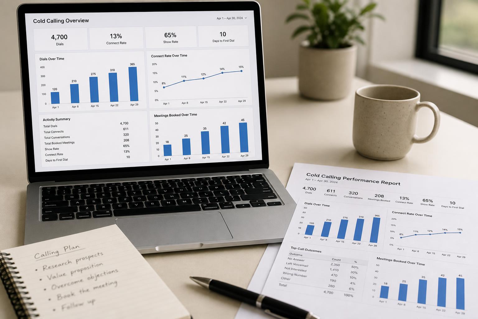 Printed call analytics and reporting materials on a desk
