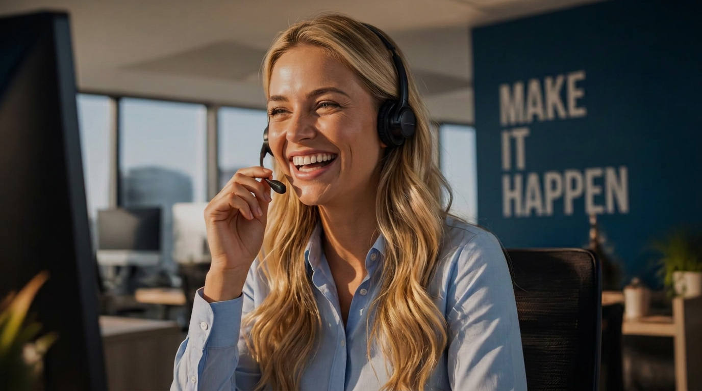 A Birdy caller smiling in a headset during a live outbound call